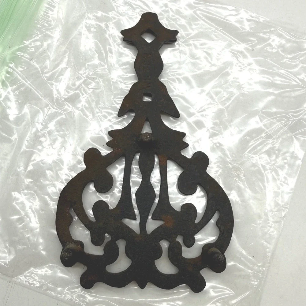 Wilton Cast Iron Trivet Lyre Heart Scroll Design Black Three Legged Vintage